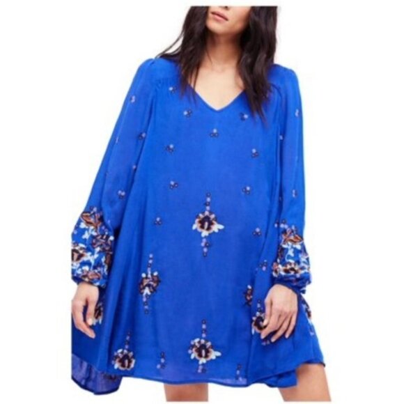 Free People Oxford Embroidered Blue Long Sleeve Cutout Back Mini Shift Dress M - Picture 2 of 16